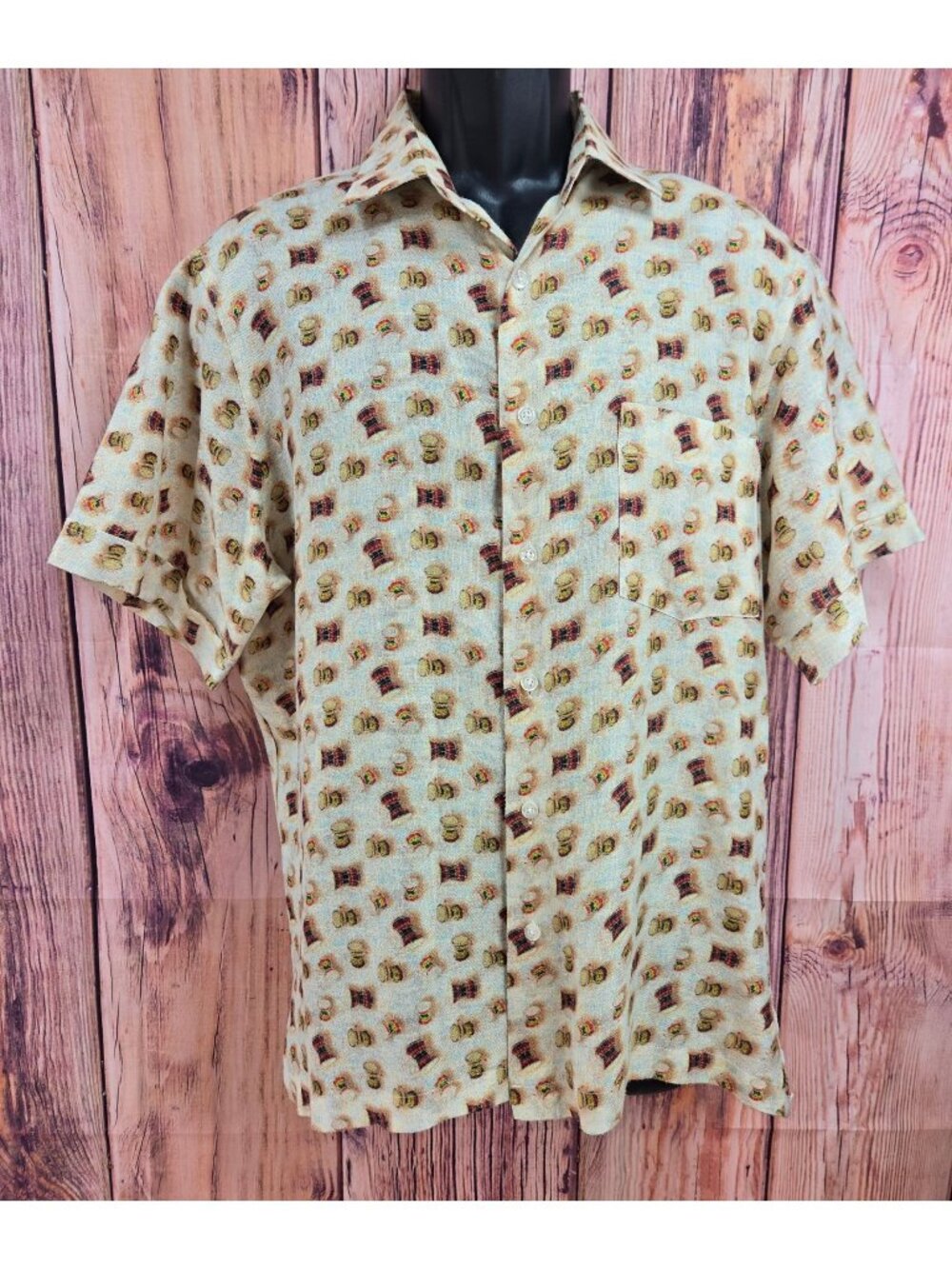 Centuria Mens Beige Button-Up Bongo Drum Shirt Size Medium